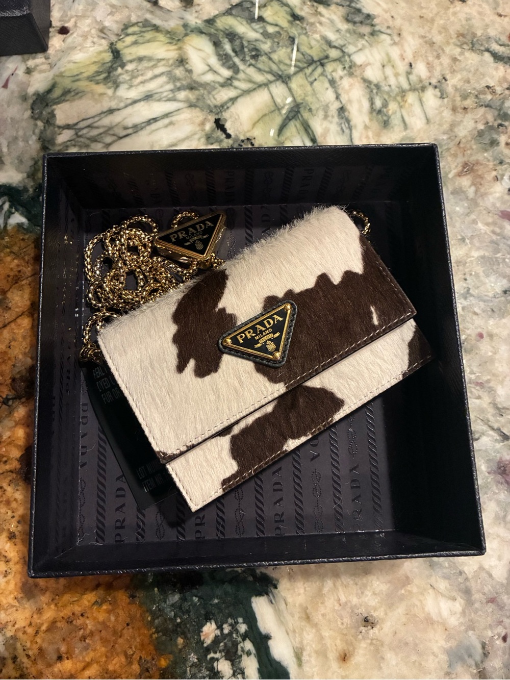 Prada Cowhide Patchwork Crossbody in Brown & White with Gold Chain